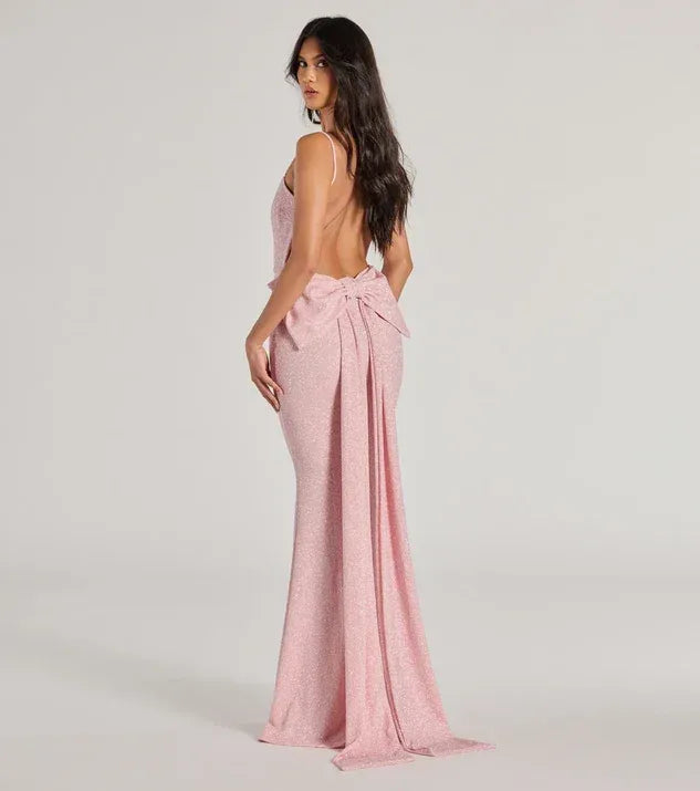 Elegant Mermaid Square Neck Spaghetti Strap Backless Bow Detail Glitter Maxi Dress With Train