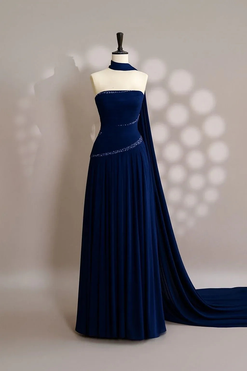 Elegant Mermaid Strapless Halter Neck Beaded Cape Train Formal Evening Gown