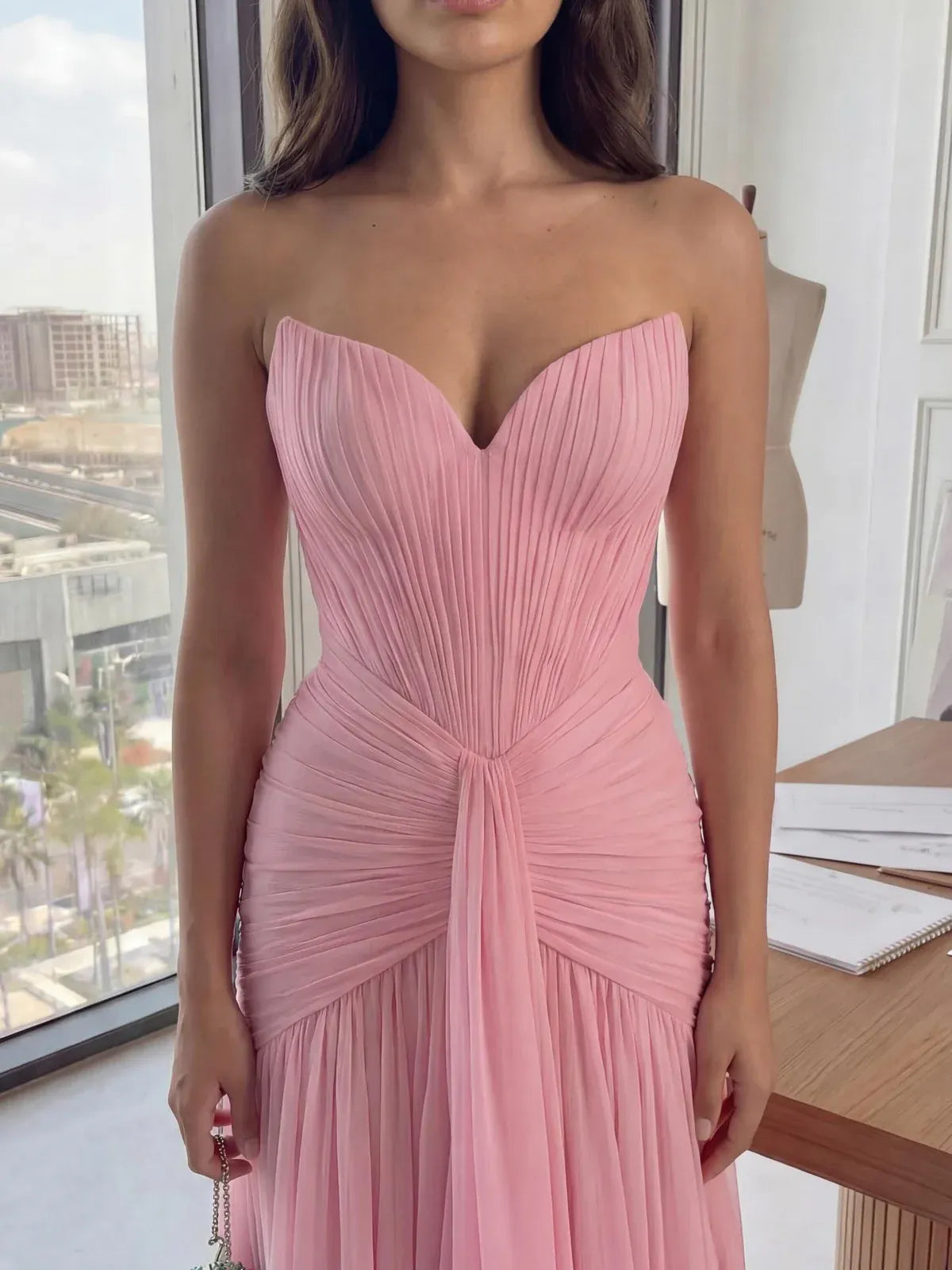 Elegant Mermaid Strapless Sleeveless Ruched Chiffon Evening Dress With Train