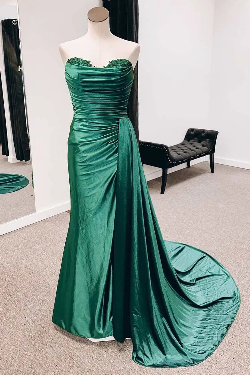 Elegant Mermaid Strapless Sleeveless Satin Maxi Prom Dress