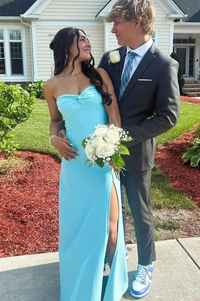 Elegant Mermaid Strapless Sweetheart Knot Detail High Slit Satin Prom Dress