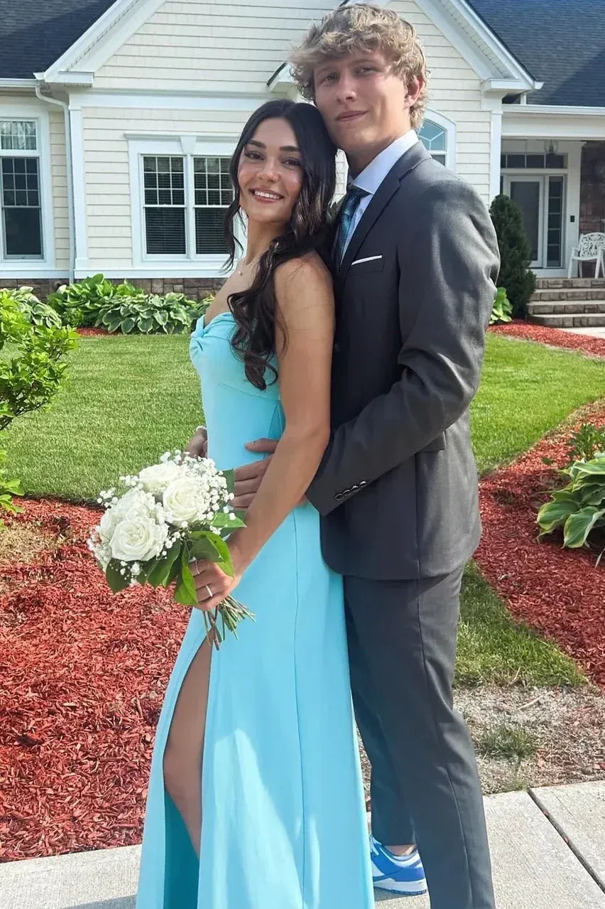 Elegant Mermaid Strapless Sweetheart Knot Detail High Slit Satin Prom Dress