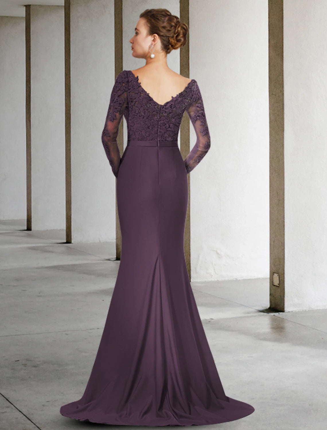 Side view of Weitese Mermaid dress showing sweep train and delicate lace details.