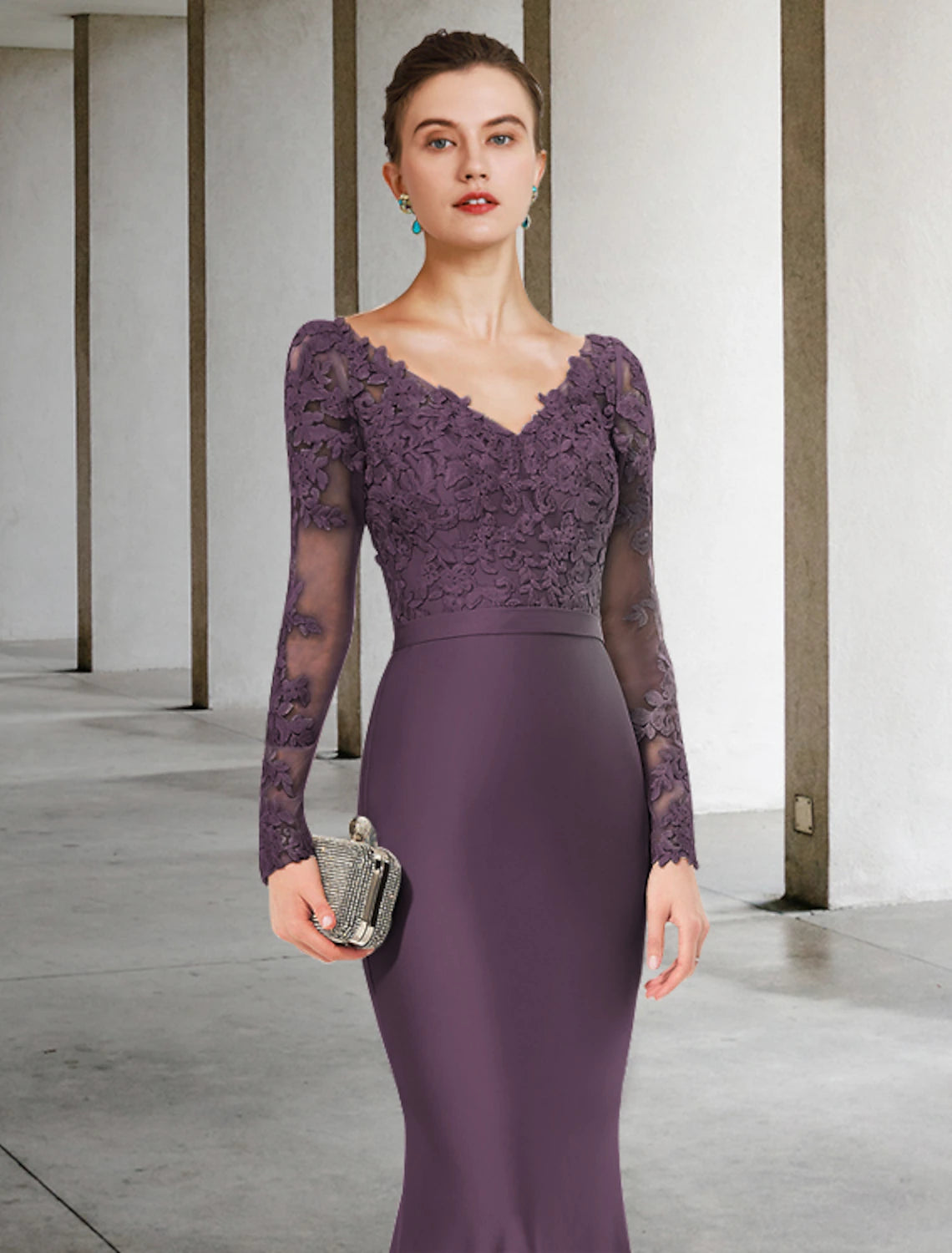 Back view of Weitese Mother of the Bride gown with intricate appliques and V-neck.