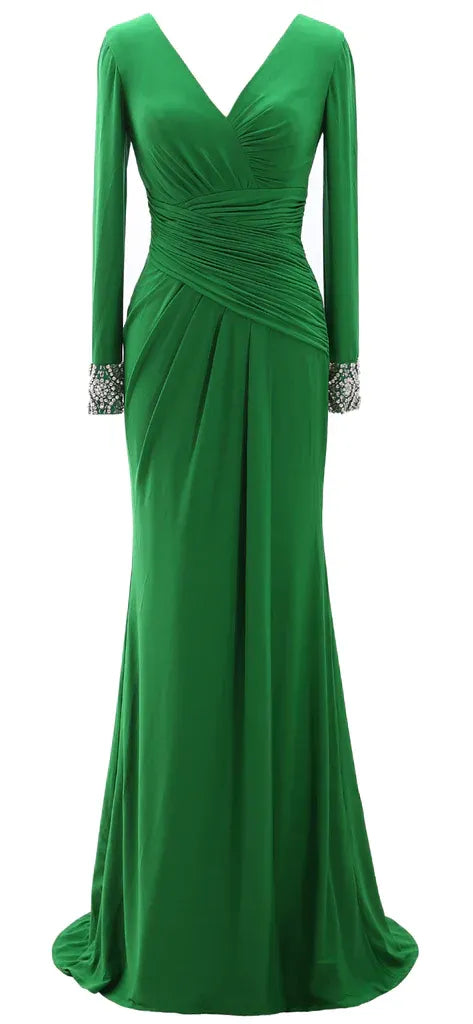 Elegant Mermaid V Neck Long Sleeve Beaded Satin Maxi Evening Dress