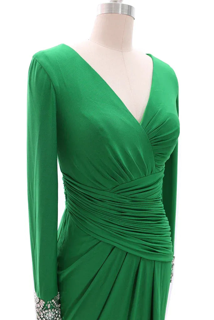 Elegant Mermaid V Neck Long Sleeve Beaded Satin Maxi Evening Dress