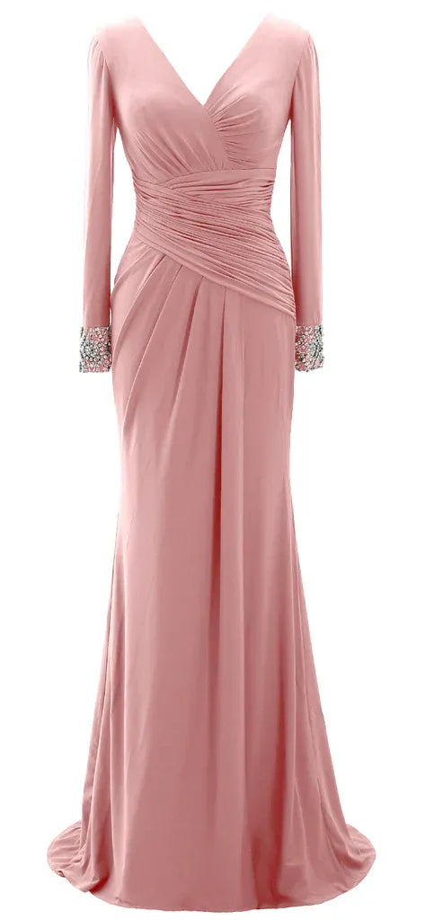 Elegant Mermaid V Neck Long Sleeve Beaded Satin Maxi Evening Dress