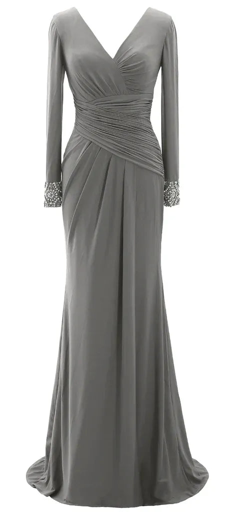 Elegant Mermaid V Neck Long Sleeve Beaded Satin Maxi Evening Dress