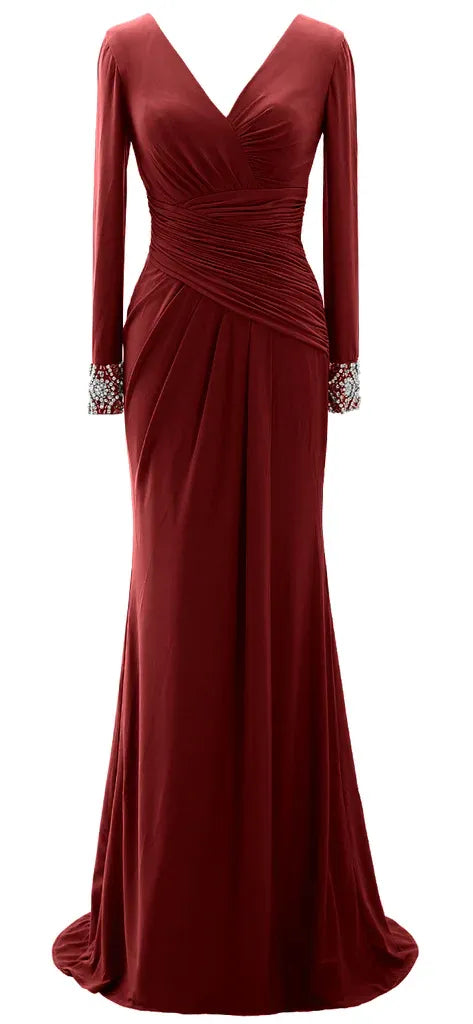 Elegant Mermaid V Neck Long Sleeve Beaded Satin Maxi Evening Dress