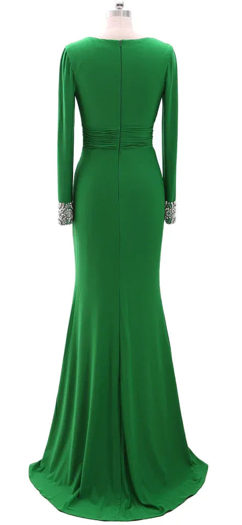 Elegant Mermaid V Neck Long Sleeve Beaded Satin Maxi Evening Dress
