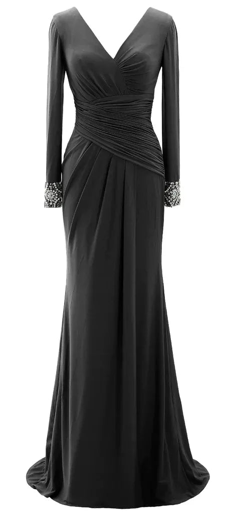 Elegant Mermaid V Neck Long Sleeve Beaded Satin Maxi Evening Dress