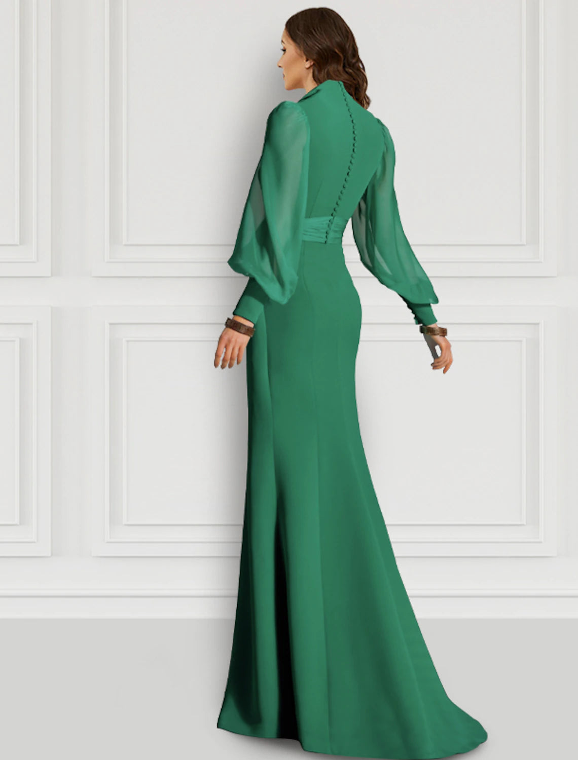 Elegant red and green mermaid gown with long sleeves and V-neck, showcasing the flowing chiffon fabric.