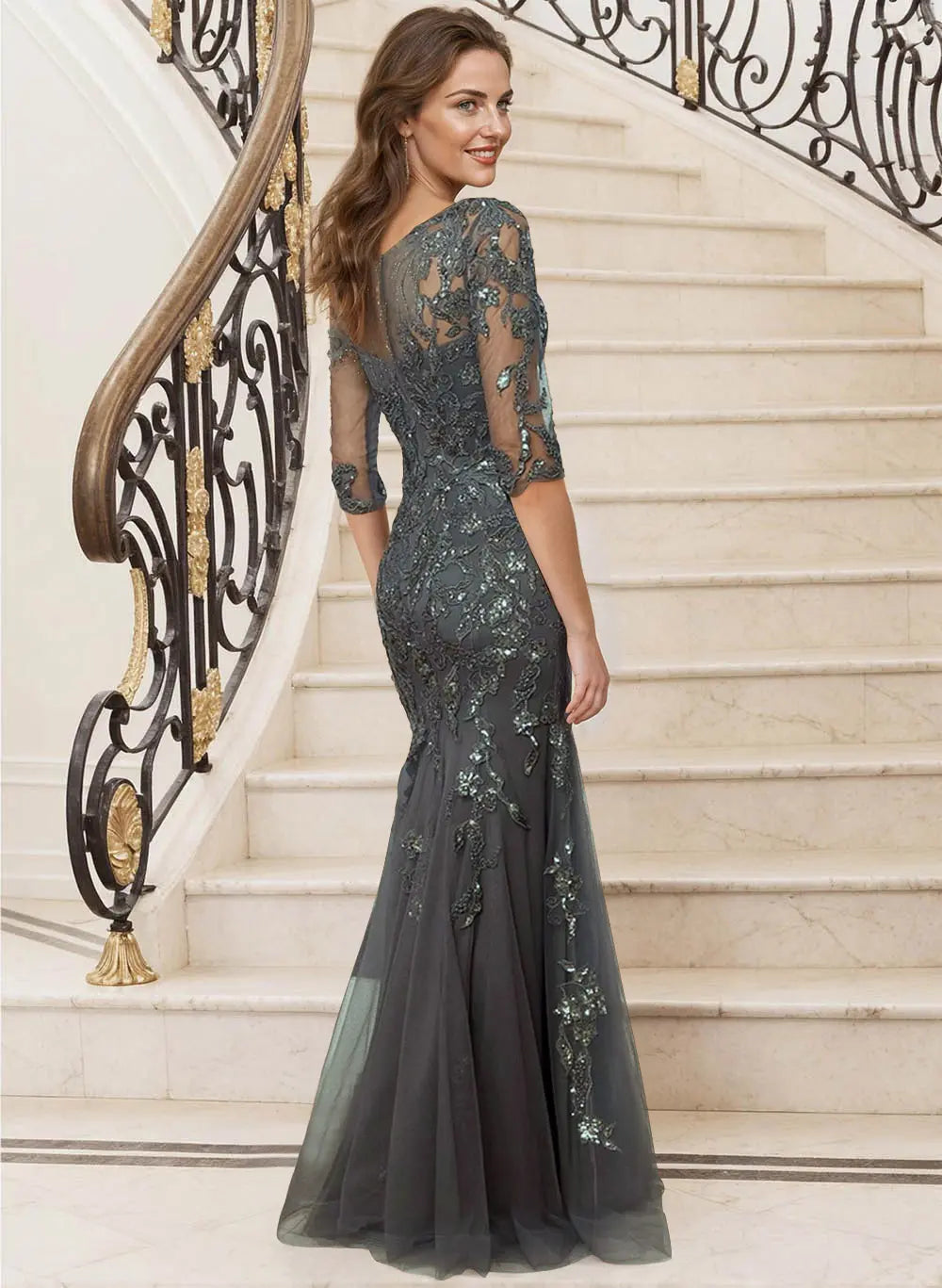 Elegant Mermaid V-Neck Three-Quarter Sleeve Grey Lace & Tulle Evening Gown