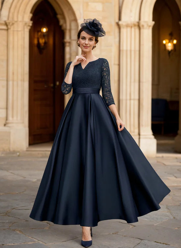 Elegant Navy Blue V-Neck Lace & Satin A-Line Evening Gown with Three-Quarter Sleeves
