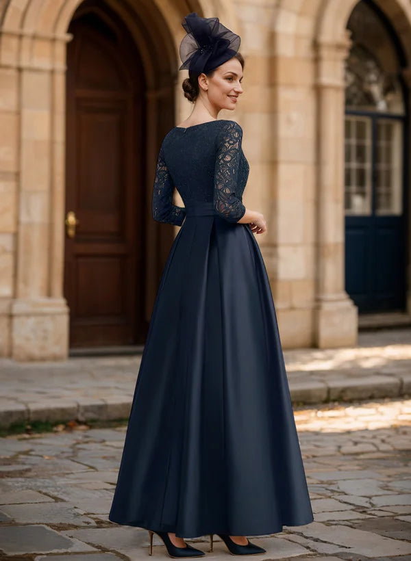 Elegant Navy Blue V-Neck Lace & Satin A-Line Evening Gown with Three-Quarter Sleeves