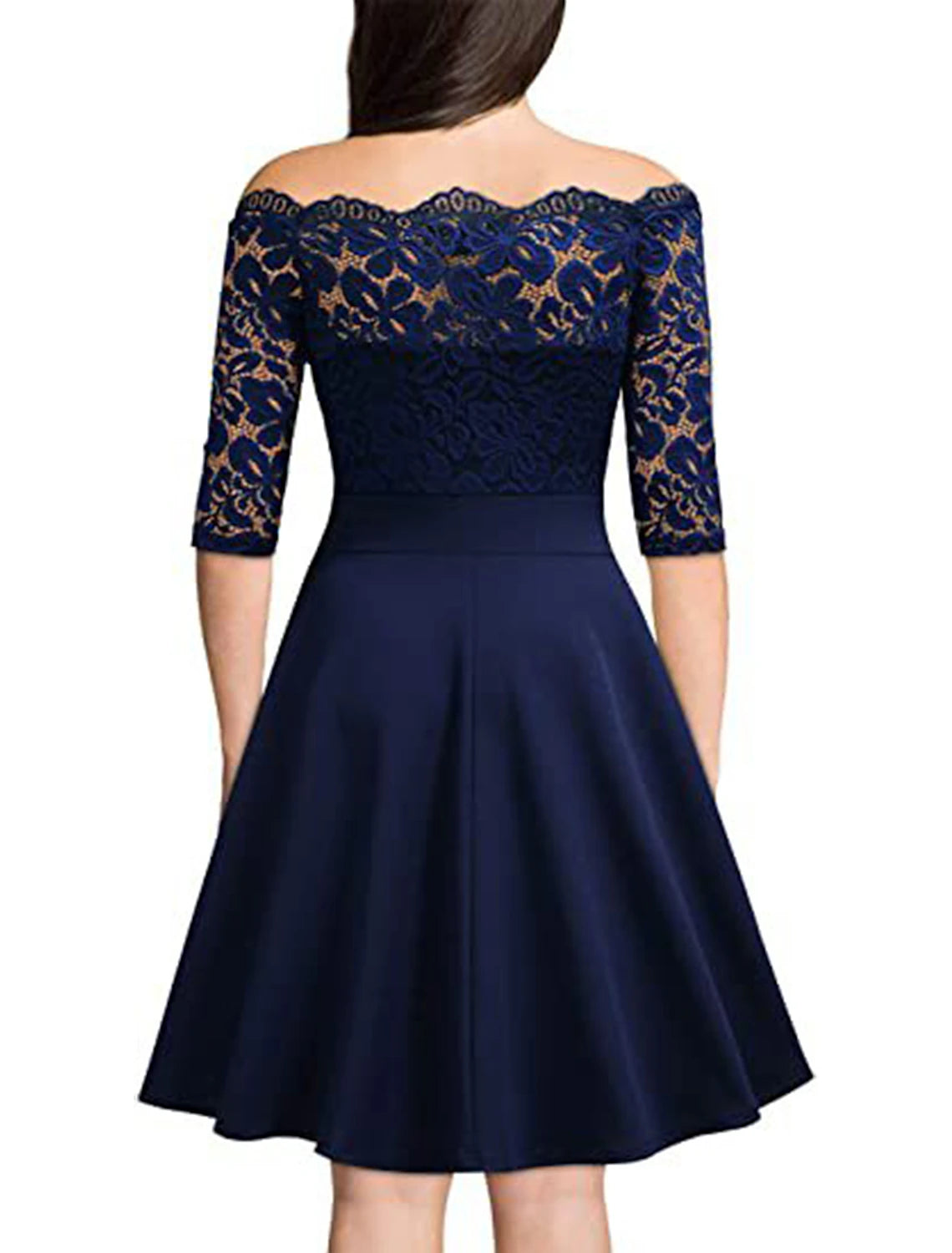 Woman wearing a wine red off-shoulder lace midi dress.