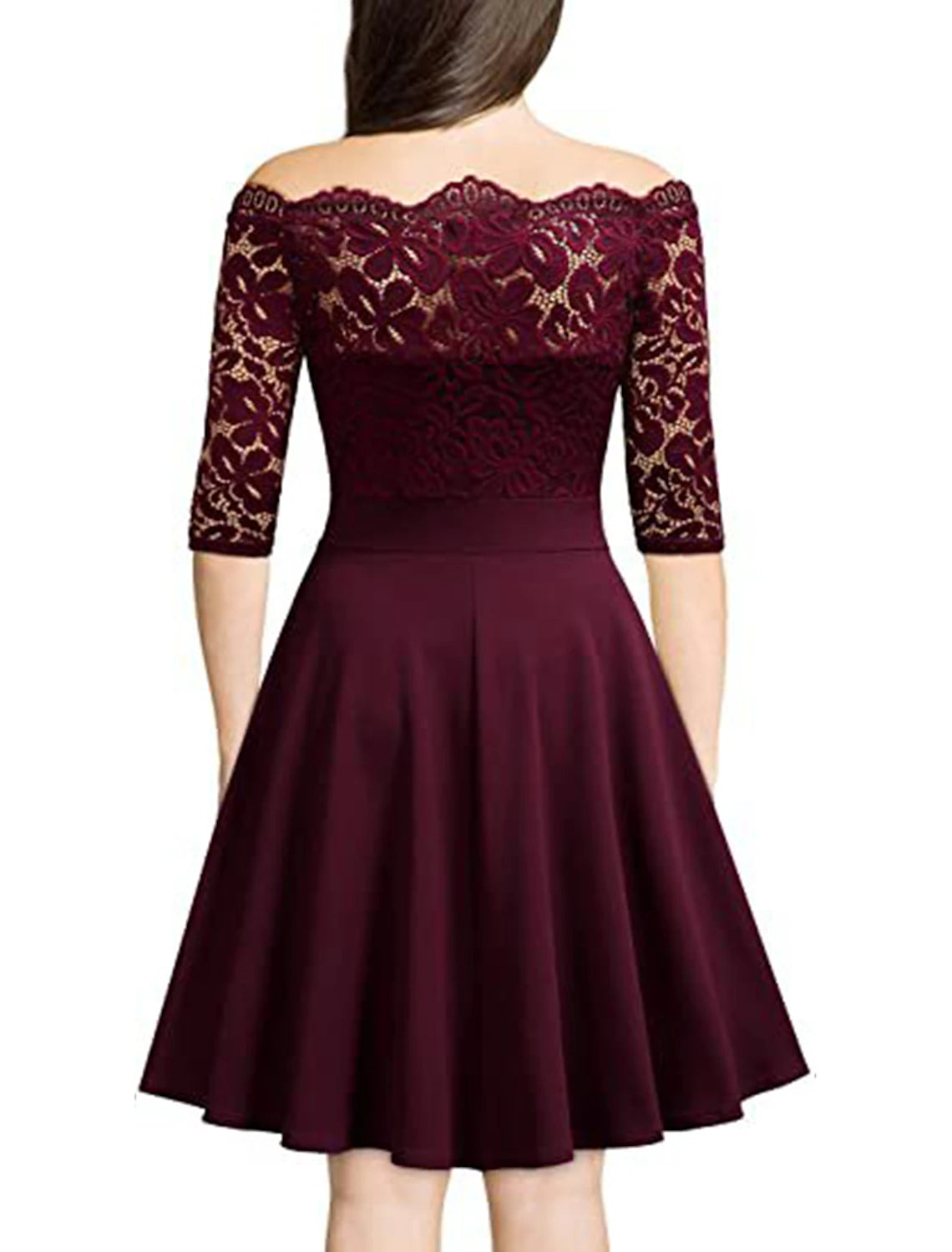 Back view of a woman wearing a wine red off-shoulder lace midi dress.