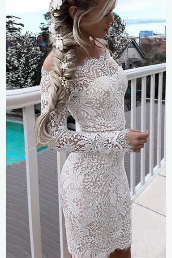 Elegant Off Shoulder Long Sleeve Lace Bodycon Mini Dress
