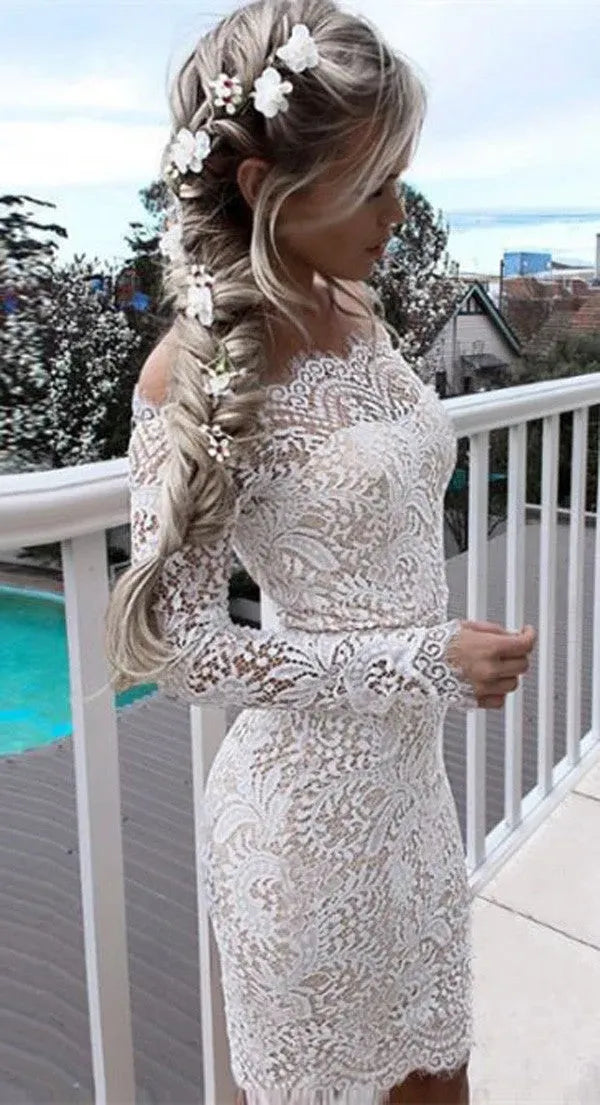 Elegant Off Shoulder Long Sleeve Lace Bodycon Mini Dress