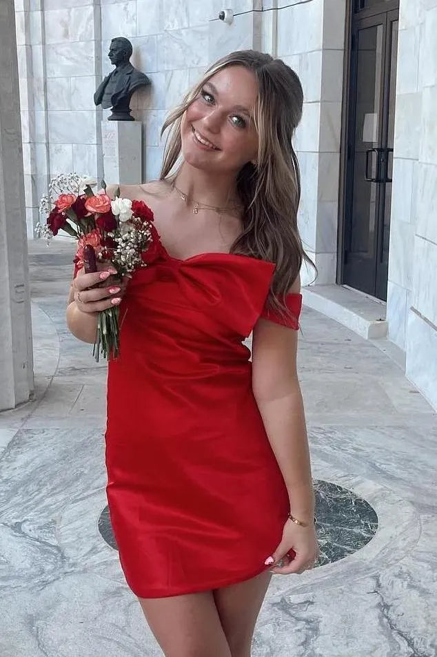 Elegant Off Shoulder Satin Mini Dress with Bow & Tie Back