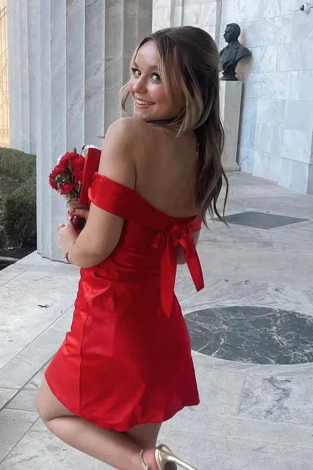Elegant Off Shoulder Satin Mini Dress with Bow & Tie Back