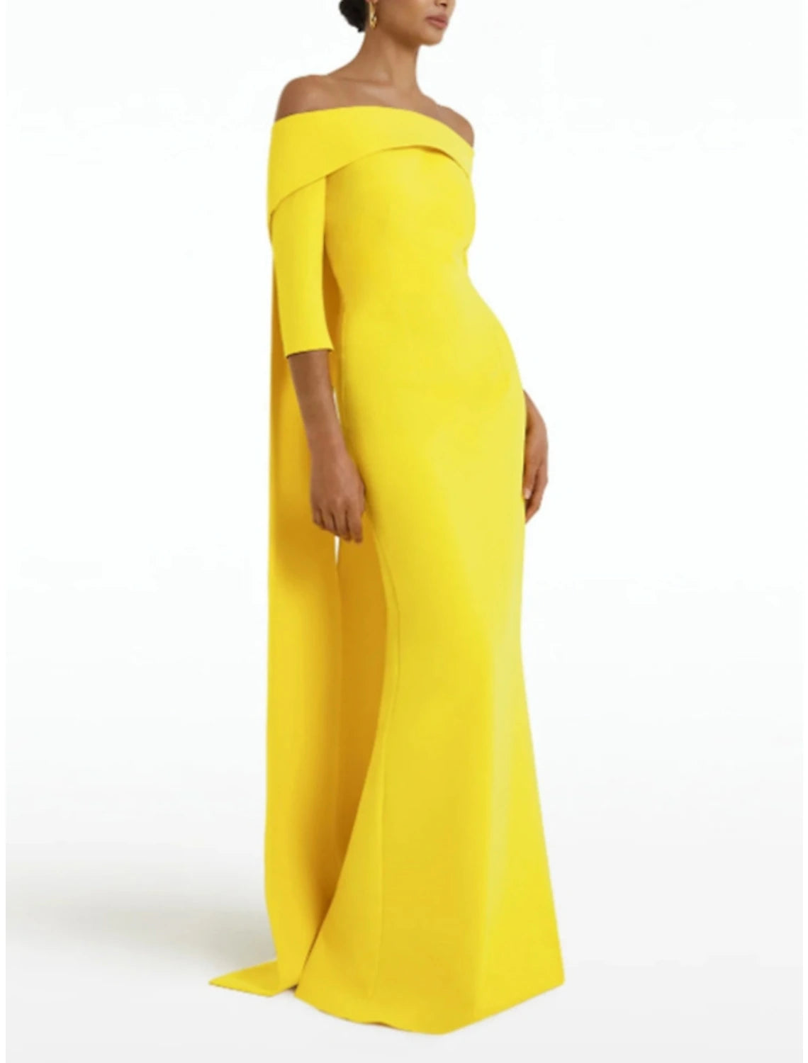 Model wearing a dark blue off-shoulder sheath evening gown with 3/4 sleeves, ruched details, and a sweep train.