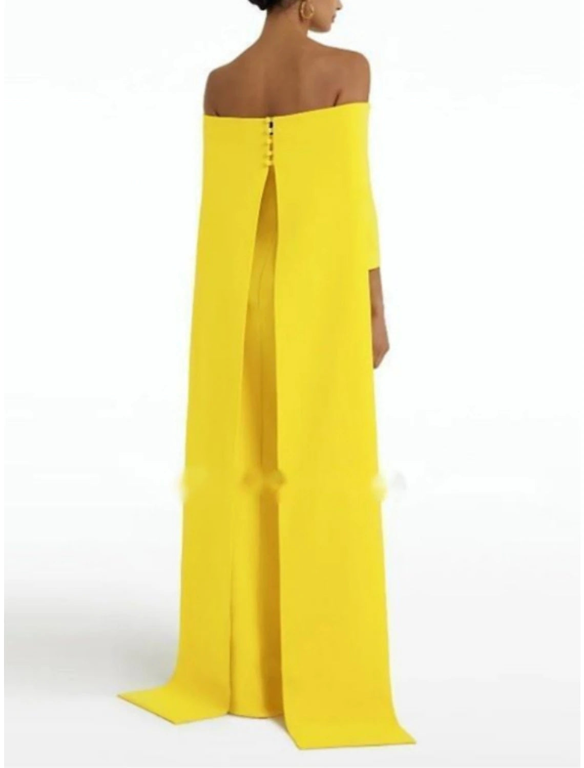 Side view of a model in the dark blue off-shoulder sheath evening gown, highlighting the ruched bodice and sleeve.