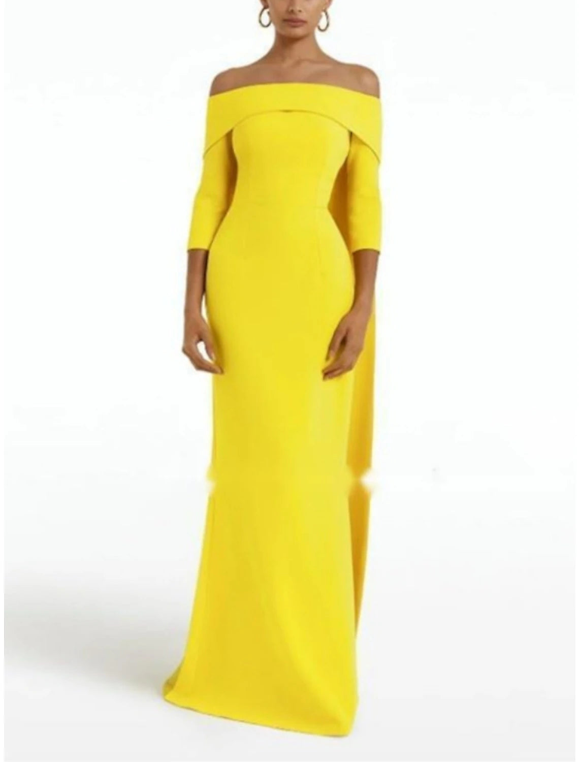 Back view of a model in the dark blue off-shoulder sheath evening gown, showing the sweep train and elegant silhouette.