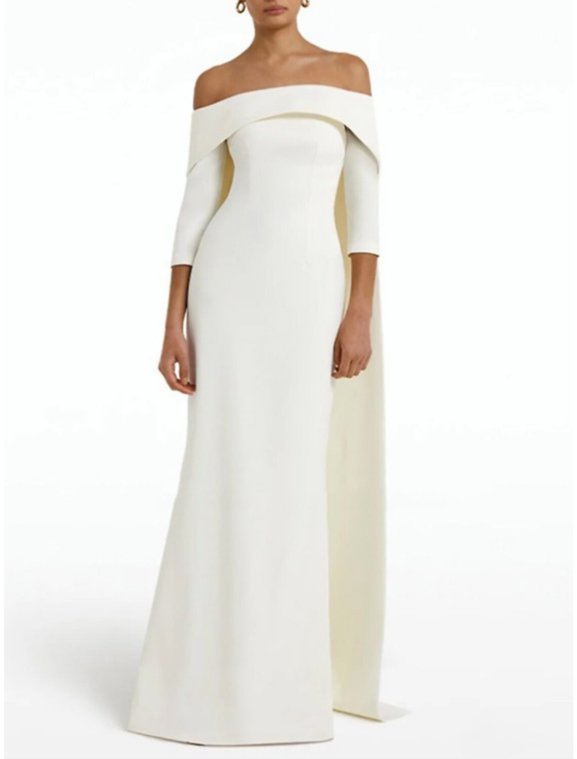 Close-up of the dark blue off-shoulder sheath gown's ruched fabric and 3/4 sleeve detail.