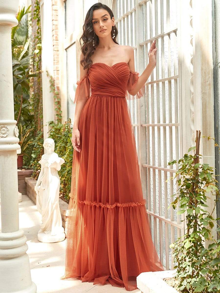 Weitese off-shoulder sweetheart pleated evening dress in blue.