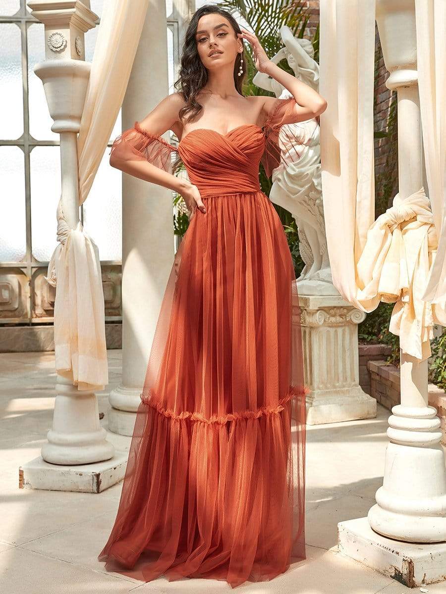 Weitese off-shoulder sweetheart pleated evening dress in blue.