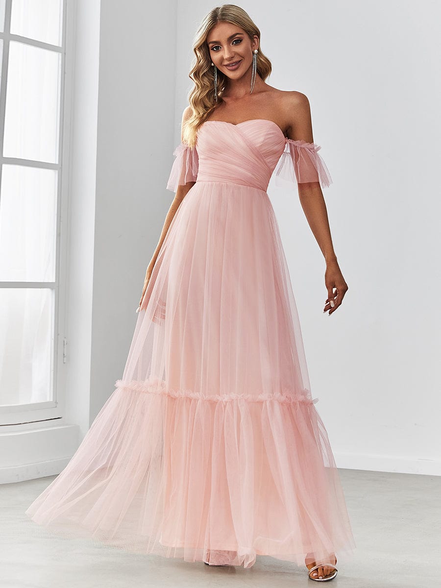 Weitese off-shoulder sweetheart pleated evening dress in pink.