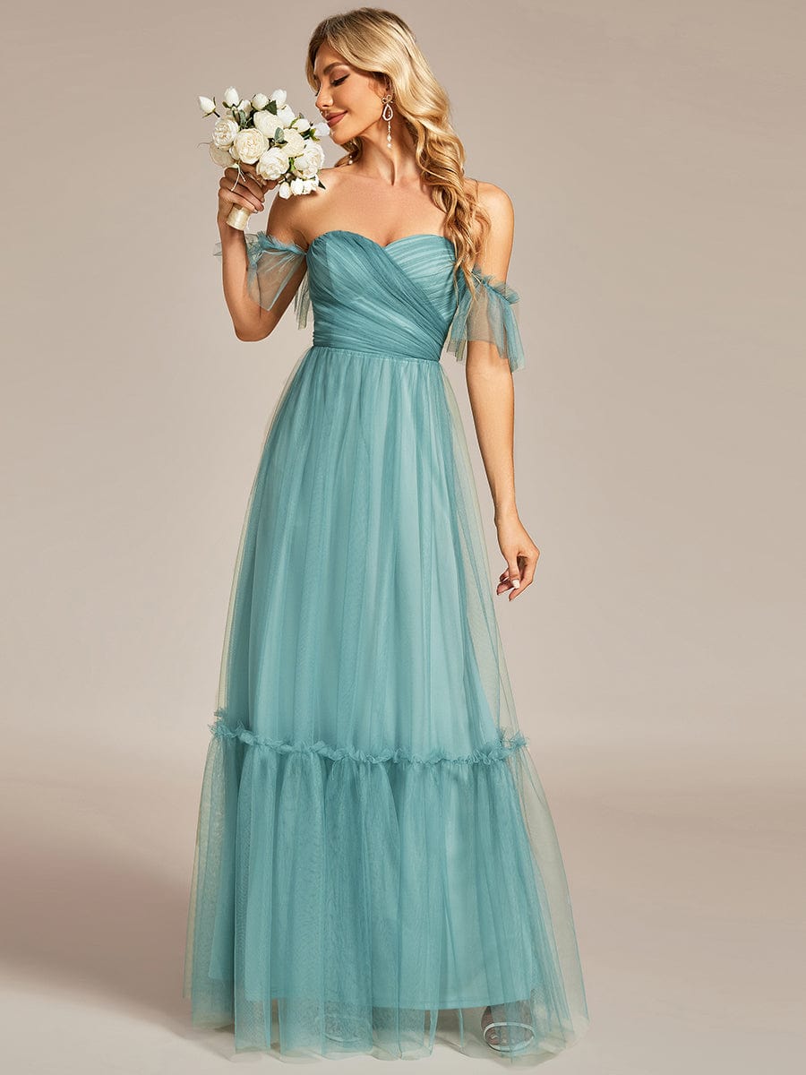 Weitese off-shoulder sweetheart pleated evening dress in dark blue.