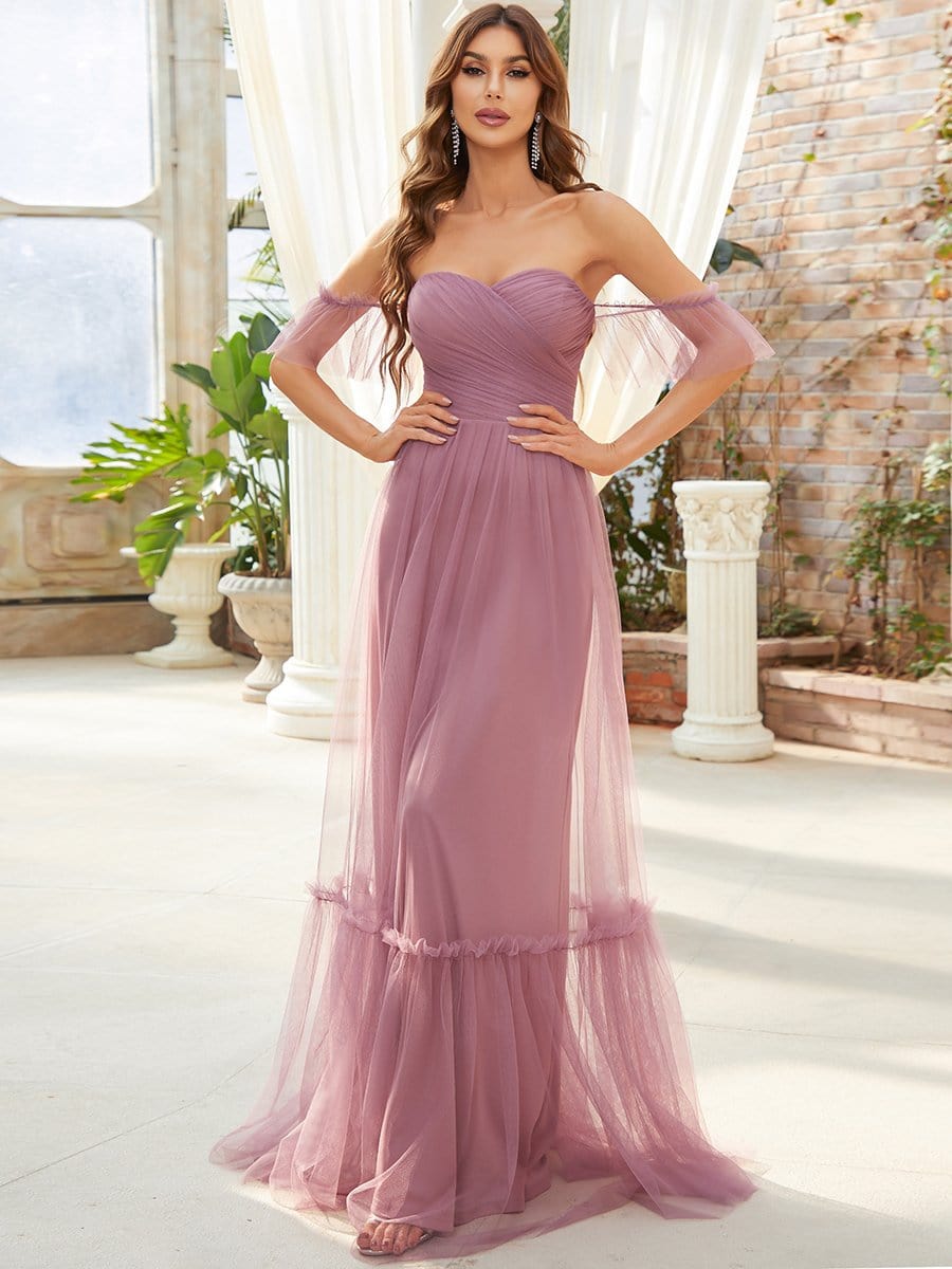 Weitese off-shoulder sweetheart pleated evening dress in olive green.