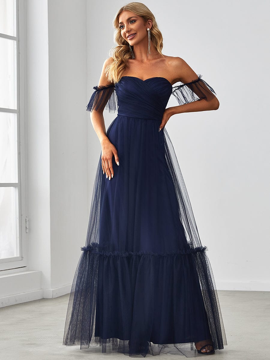 Weitese off-shoulder sweetheart pleated evening dress in navy blue.