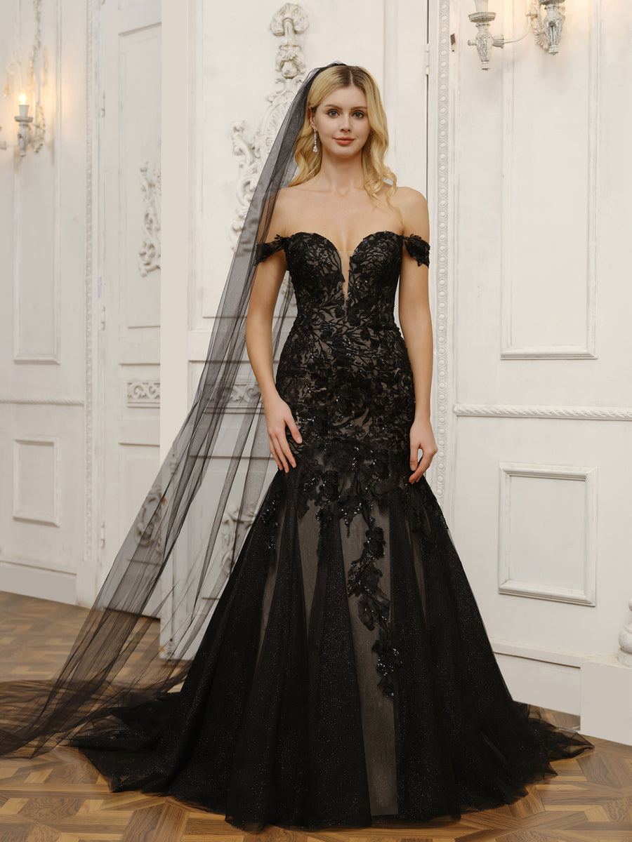 Side profile of the mermaid wedding dress, highlighting the off-shoulder design.