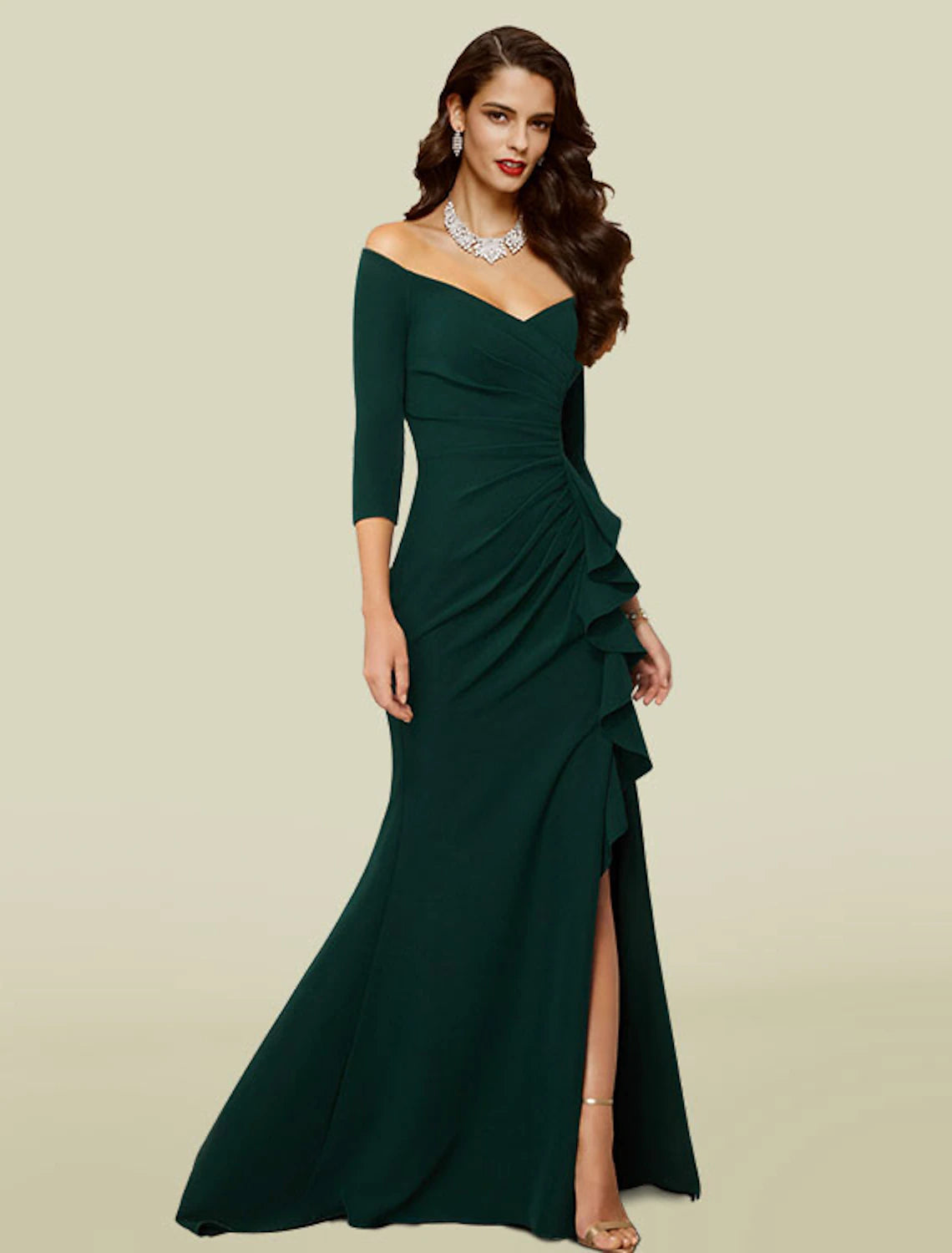 Elegant off-shoulder V-neck mermaid trumpet gown with 3/4 sleeves and a draped split front.