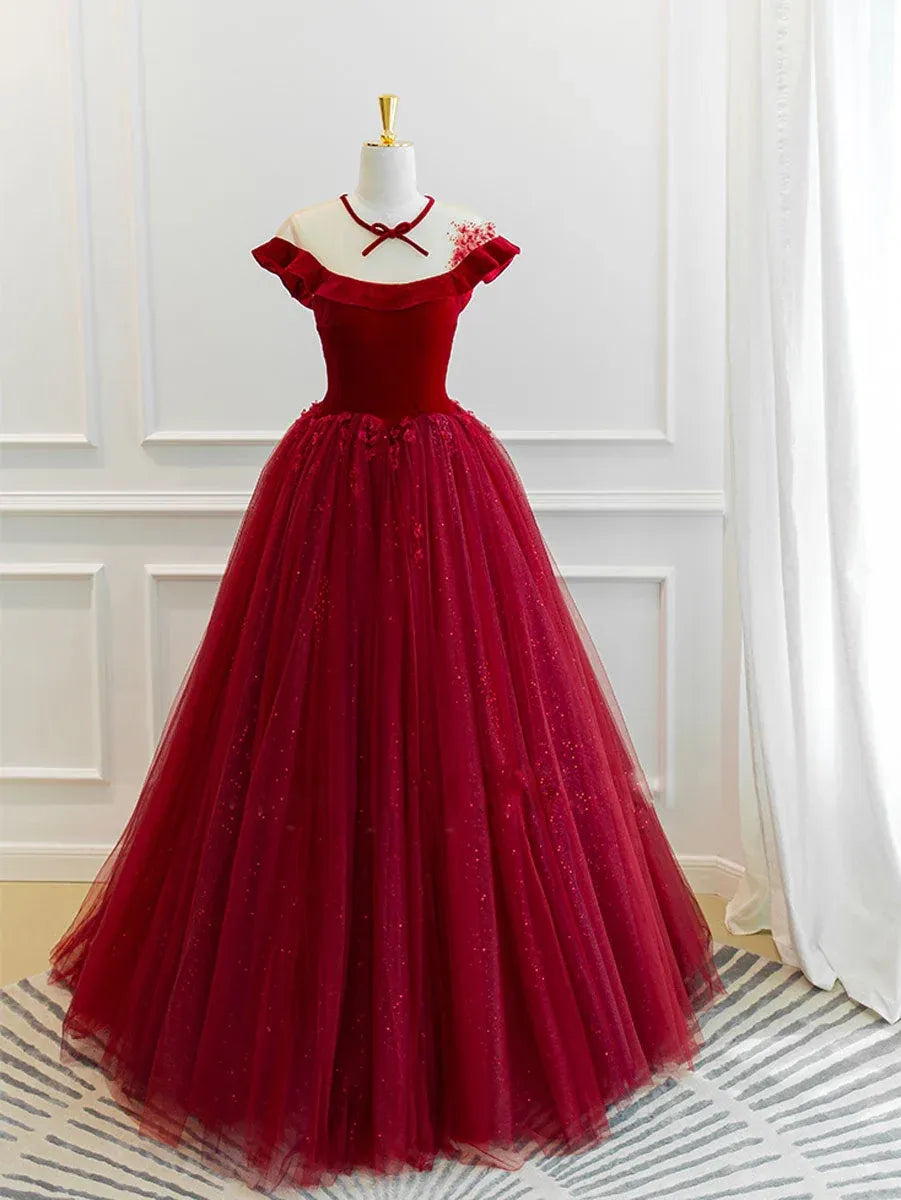 Elegant Off Shoulder Velvet Glitter Tulle Ball Gown