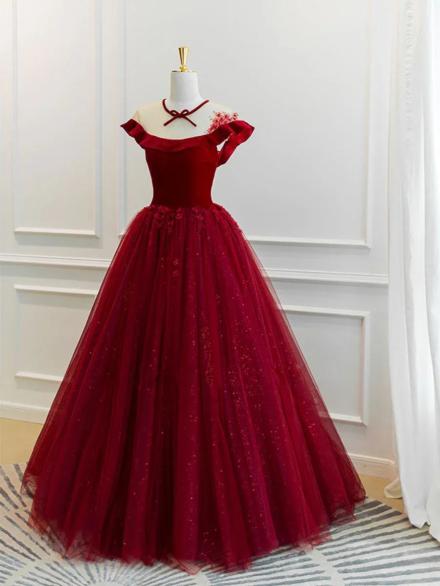 Elegant Off Shoulder Velvet Glitter Tulle Ball Gown