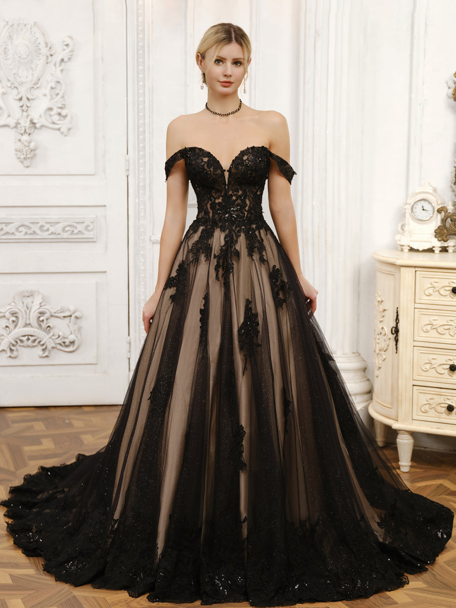 Weitese Off-The-Shoulder Tulle Ball Gown Wedding Dress with Beading, front view.