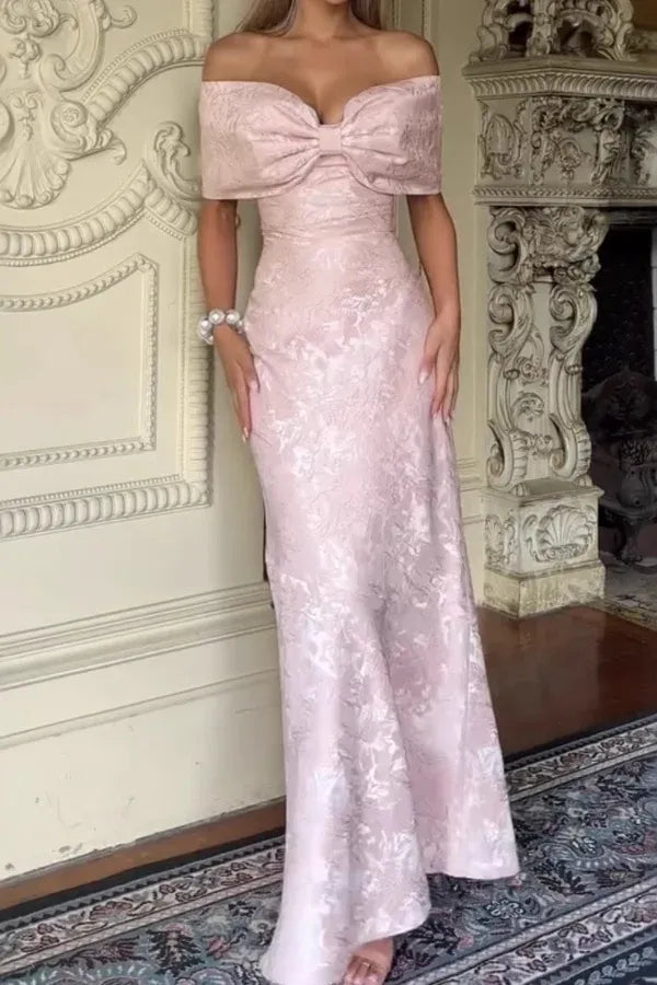 Elegant Off-the-Shoulder Bow Mermaid Maxi Dress with Lace-Up Back