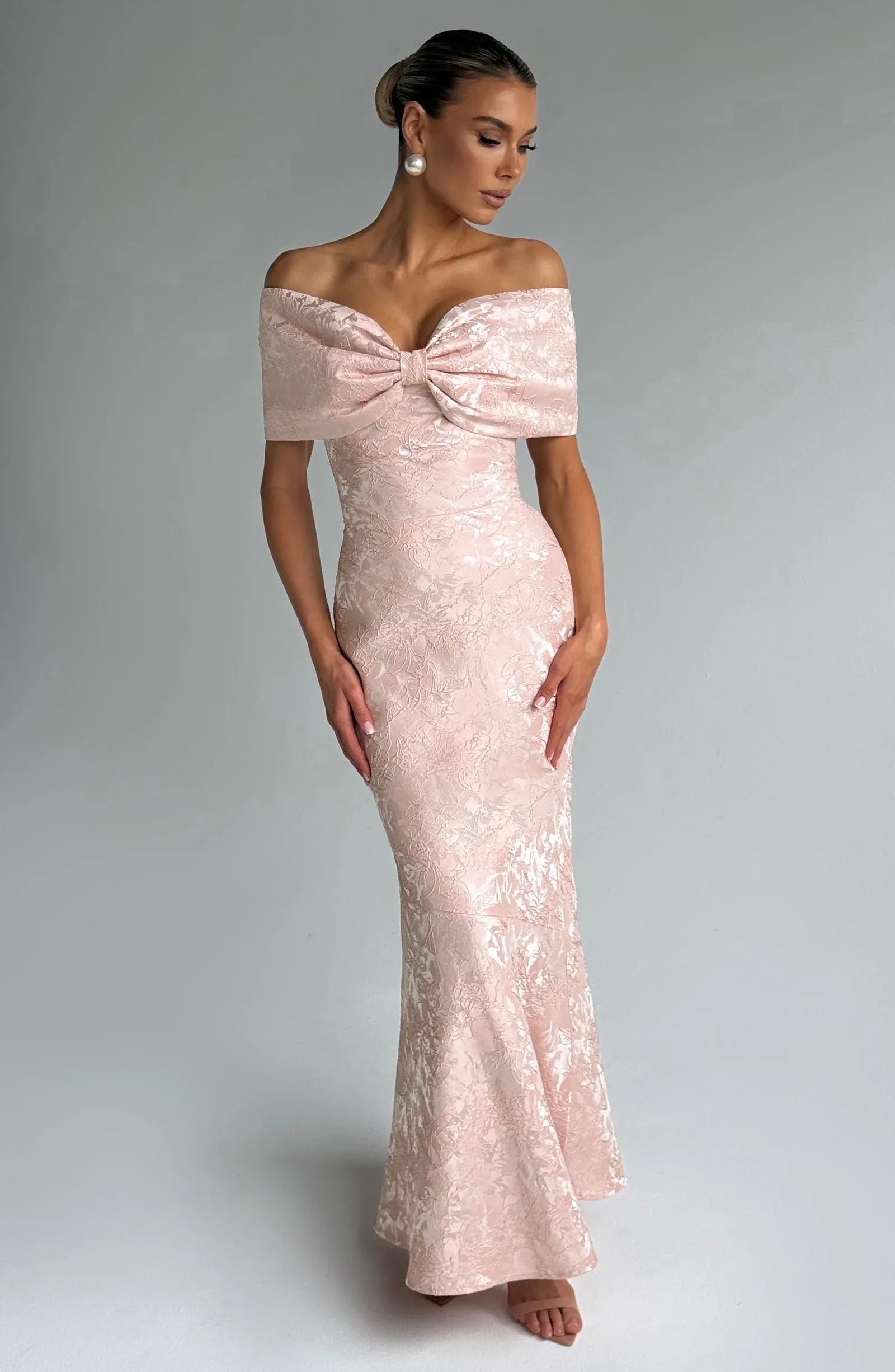 Elegant Off-the-Shoulder Bow Mermaid Maxi Dress with Lace-Up Back