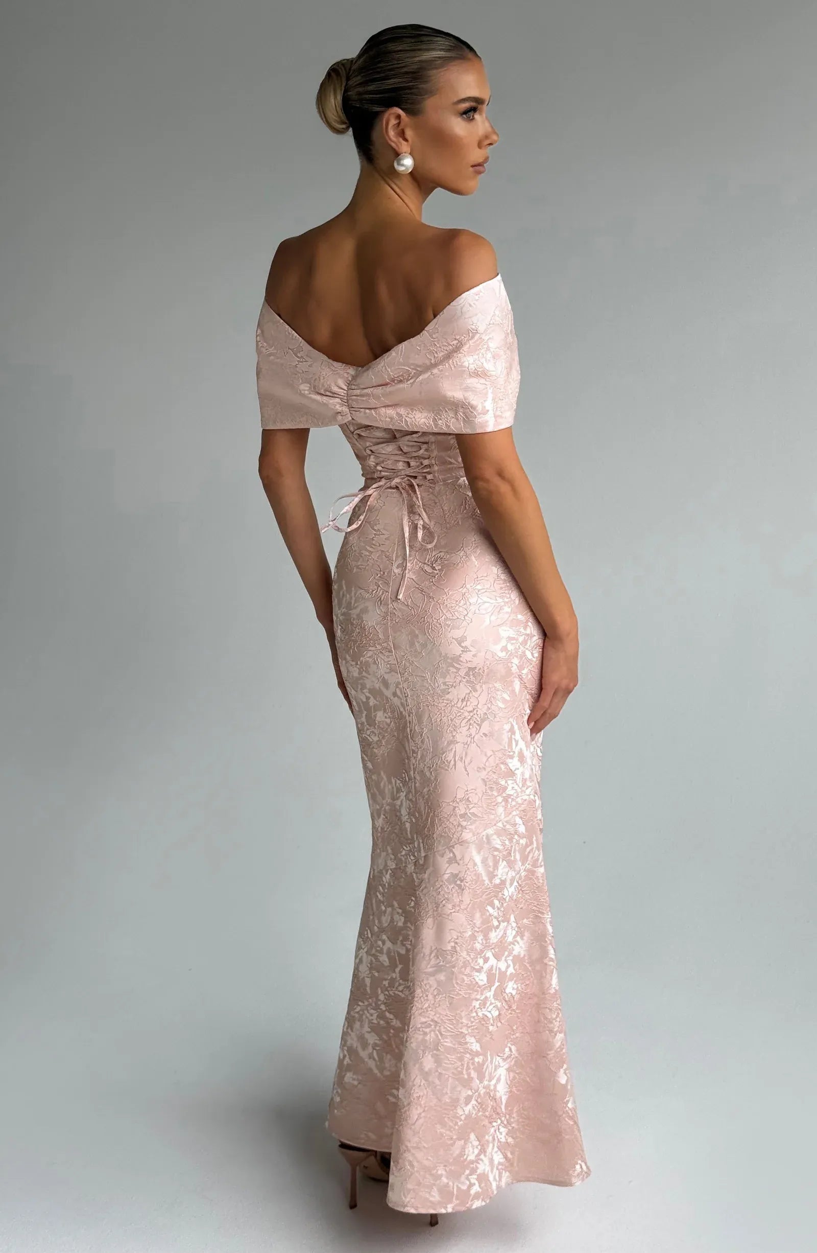 Elegant Off-the-Shoulder Bow Mermaid Maxi Dress with Lace-Up Back