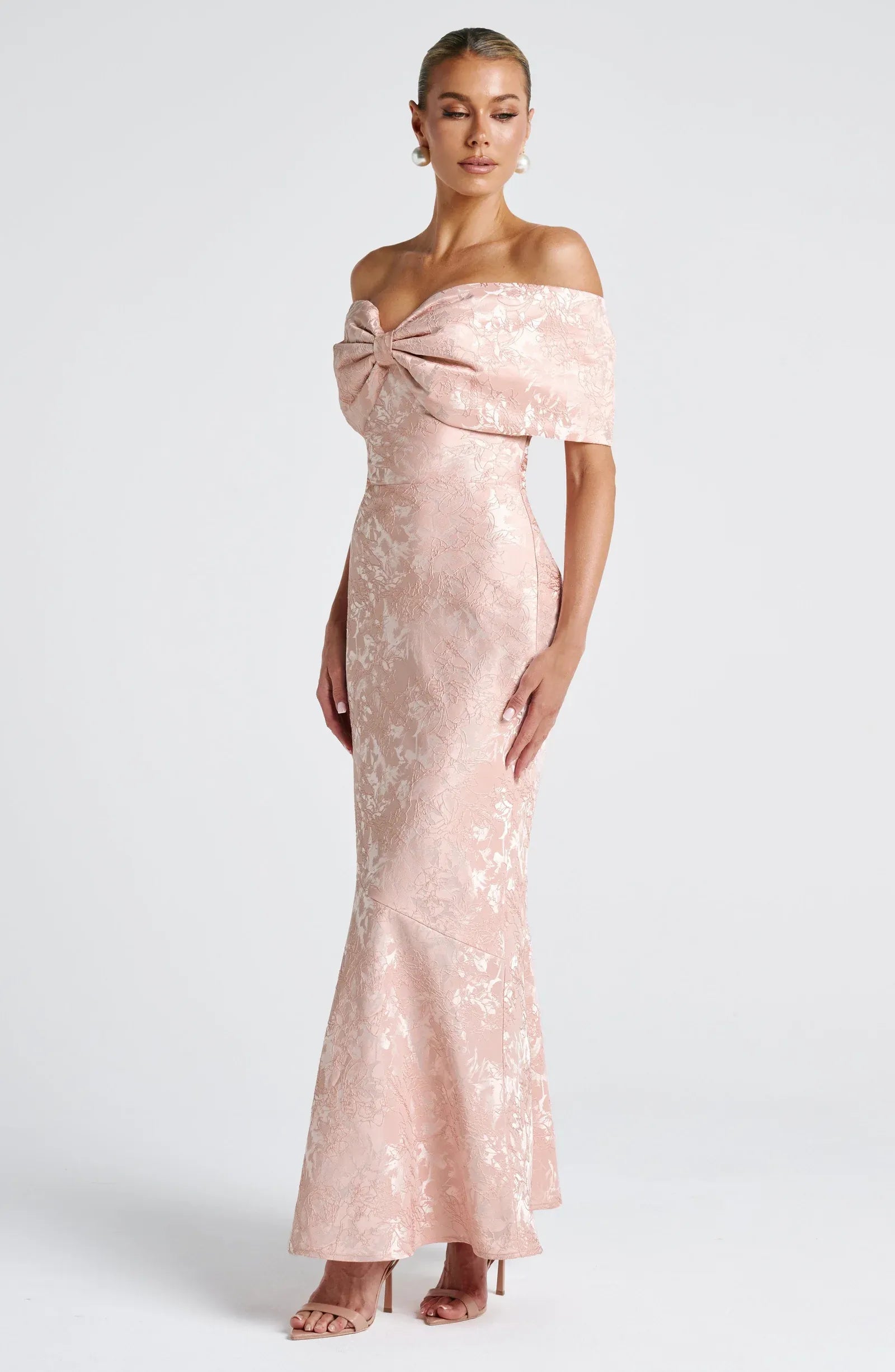 Elegant Off-the-Shoulder Bow Mermaid Maxi Dress with Lace-Up Back