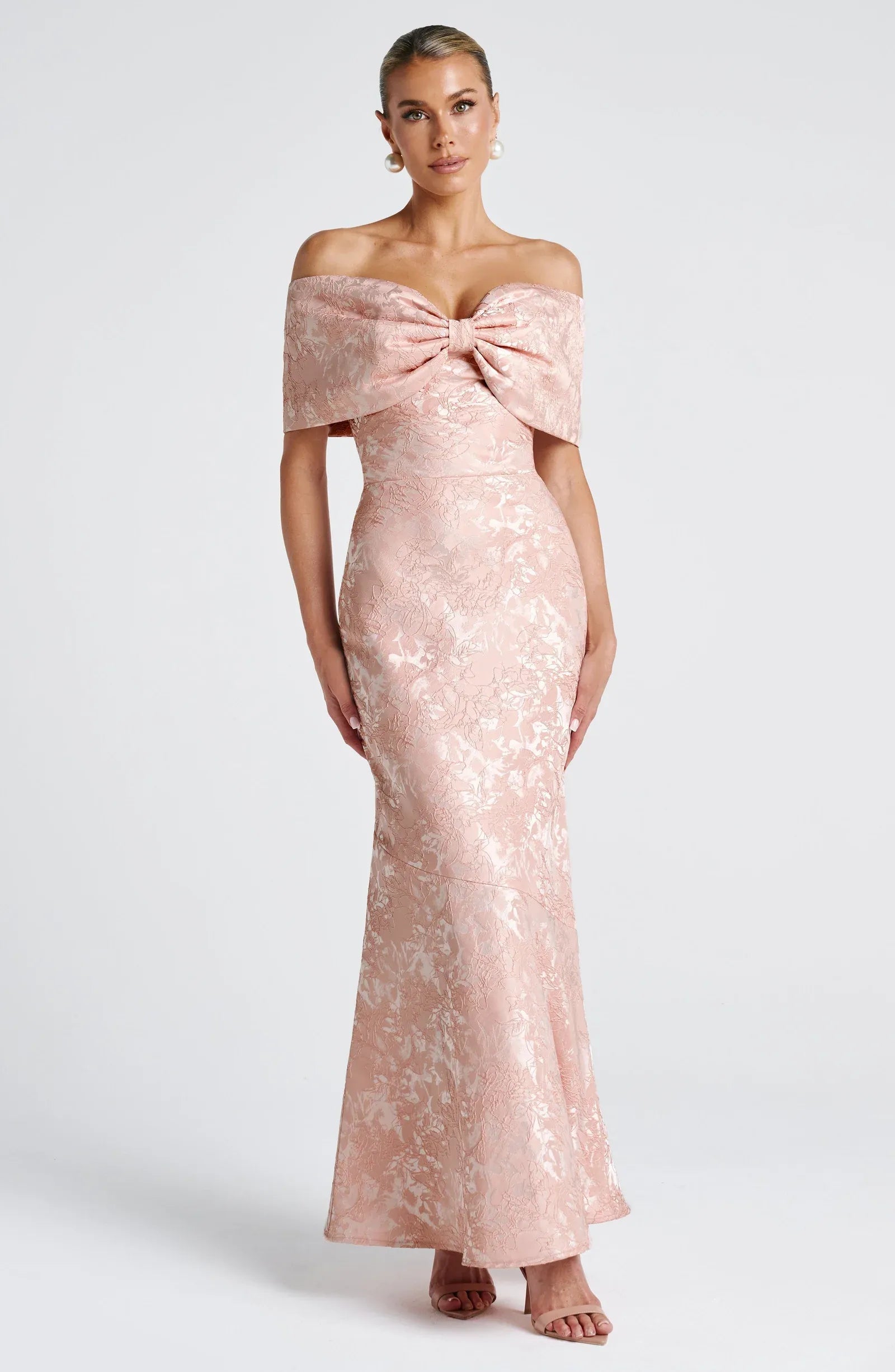 Elegant Off-the-Shoulder Bow Mermaid Maxi Dress with Lace-Up Back