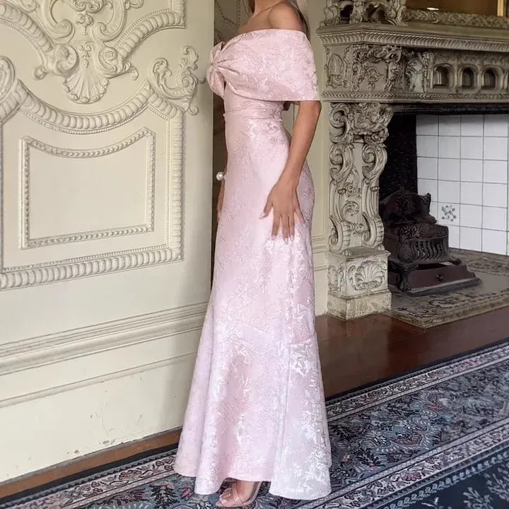 Elegant Off-the-Shoulder Bow Mermaid Maxi Dress with Lace-Up Back
