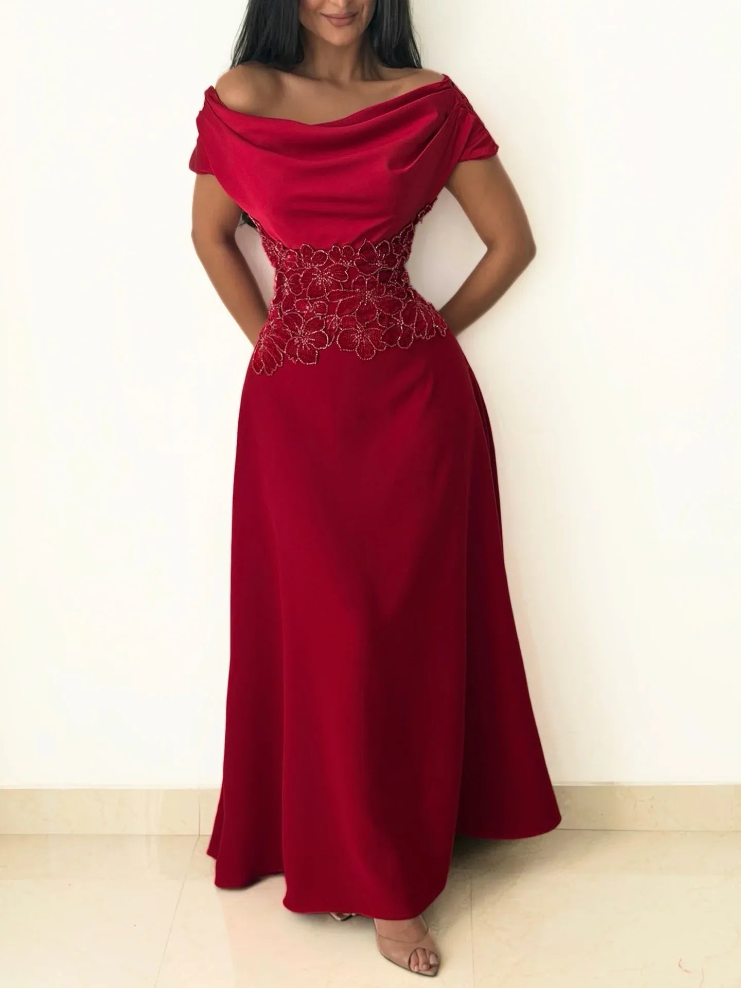 Elegant Off-the-Shoulder Draped Beaded Floral Satin A-Line Maxi Dress