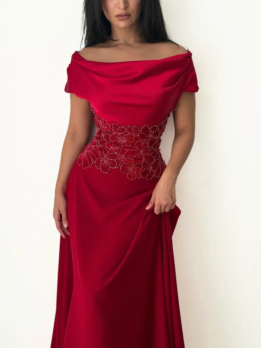 Elegant Off-the-Shoulder Draped Beaded Floral Satin A-Line Maxi Dress