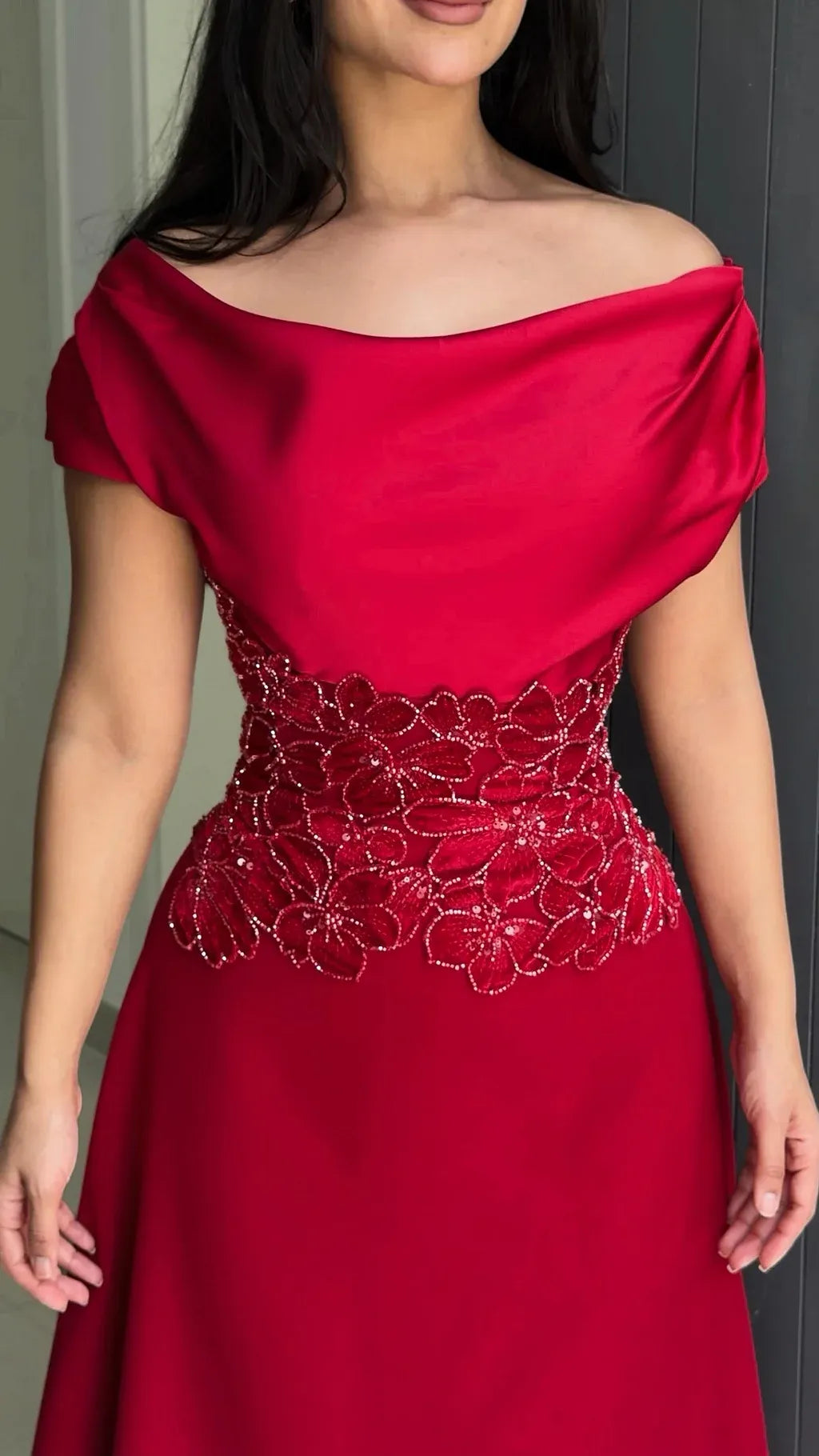 Elegant Off-the-Shoulder Draped Beaded Floral Satin A-Line Maxi Dress
