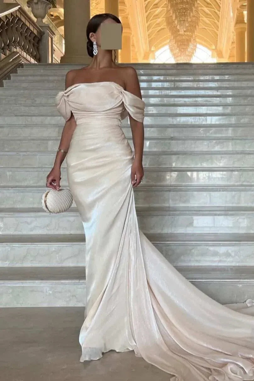 Elegant Off-the-Shoulder Draped Ruched Satin Mermaid Maxi Dress with Train